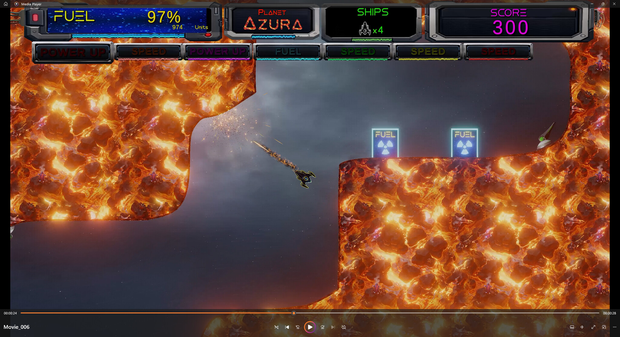 Thrust 2050 Level 3 ship firing through the molten caverns of Planet Azura