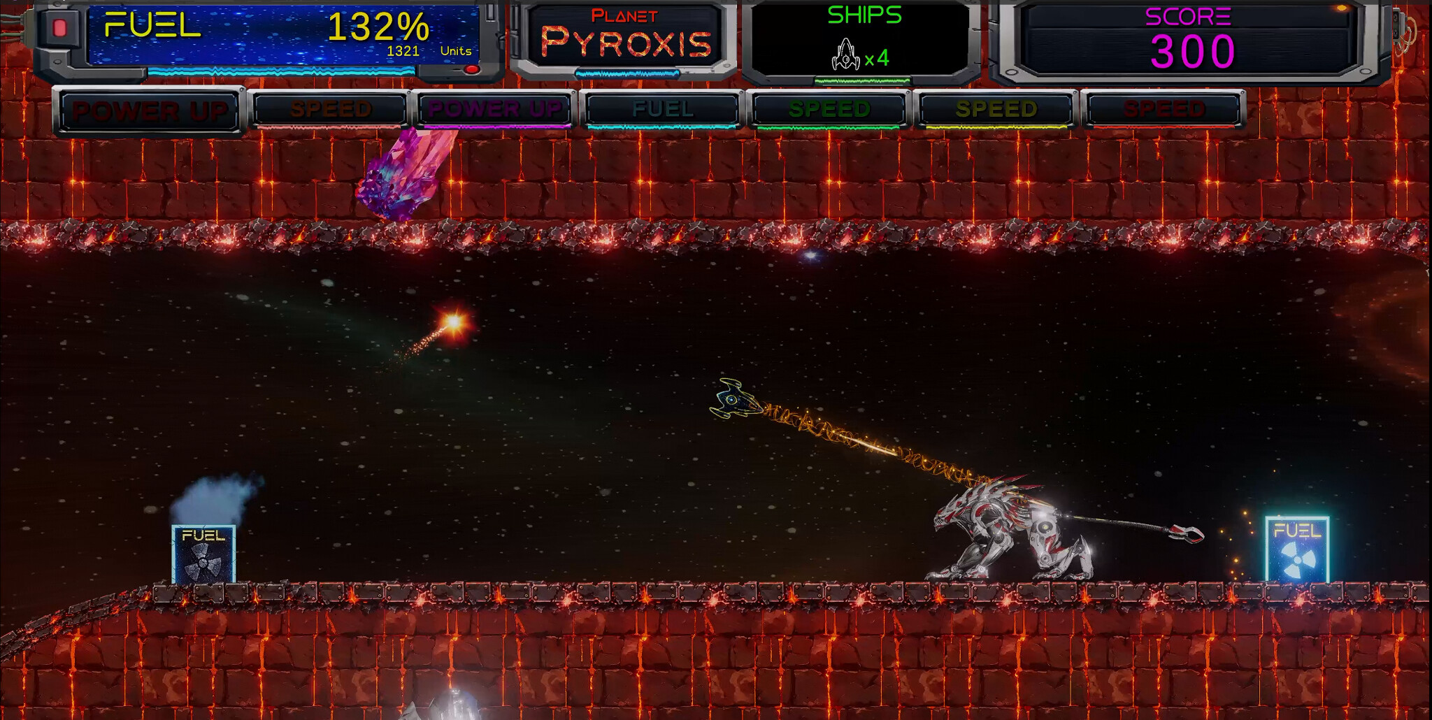Thrust 2050 Level 4 ship confronting the silver robotic mech on Planet Pyroxis