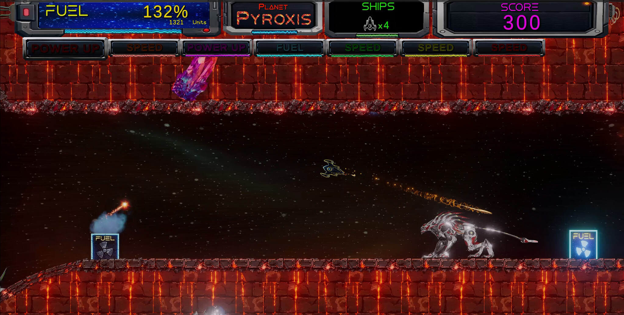 Thrust 2050 Level 4 ship battling the silver robotic mech on Planet Pyroxis